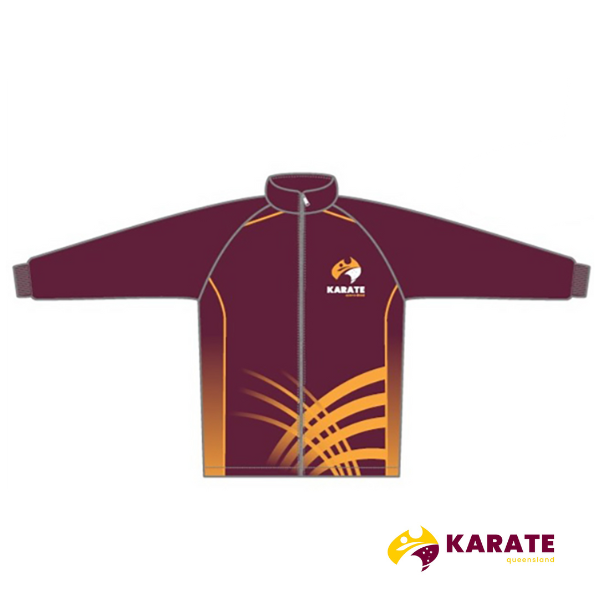 Official Karate Queensland tracksuit top featuring a maroon and gold design with dynamic graphic accents and the Karate Queensland logo.