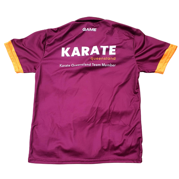 Maroon karate uniform with 'Karate Queensland' text on a white background