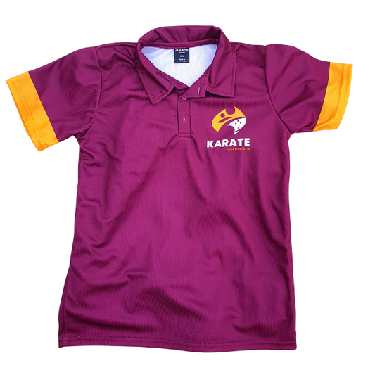 Purple polo shirt with yellow sleeves and 'Karate Queensland' logo on a white background