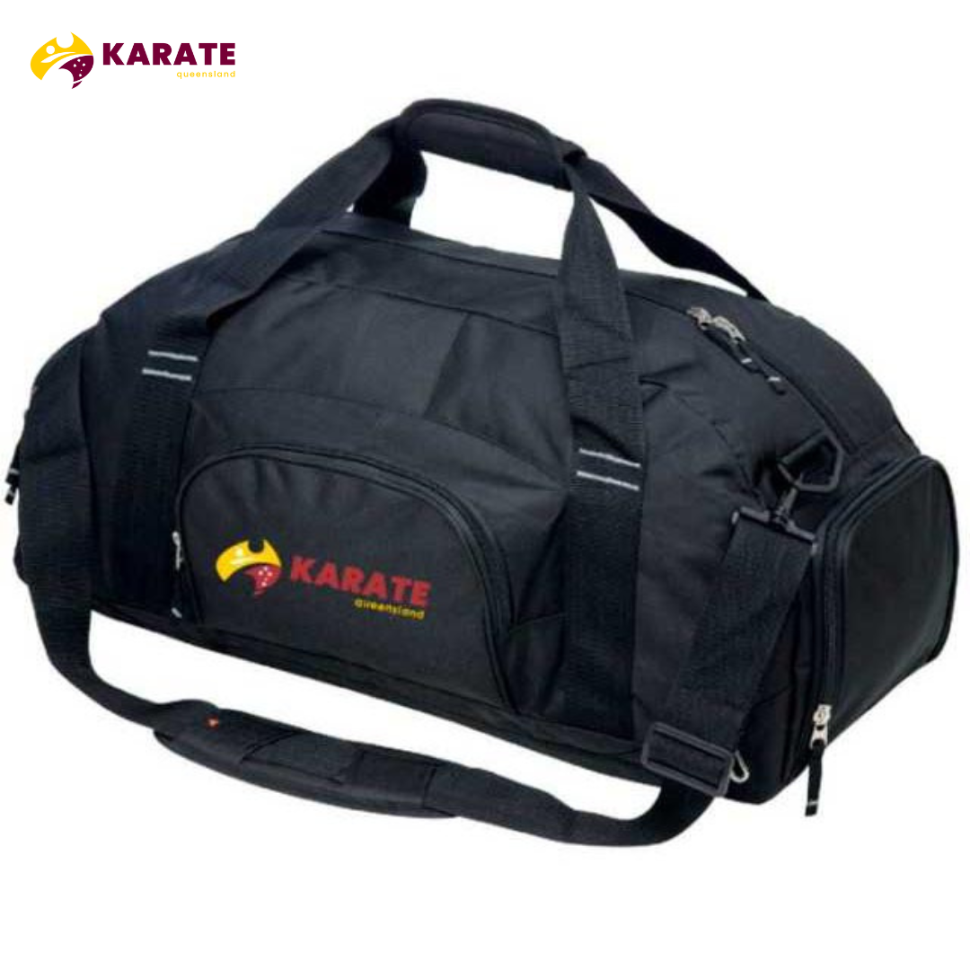 Black Karate Queensland Duffel Bag with adjustable shoulder strap and multiple pockets, featuring the Karate Queensland logo for easy identification."
