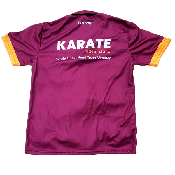 Purple karate shirt with 'Karate Queensland' text on a white background