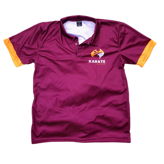 Maroon karate uniform with yellow accents on a white background