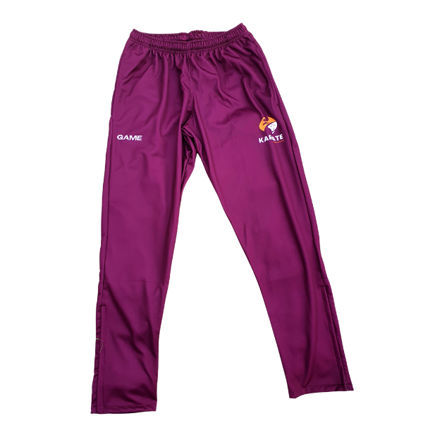 Karate Queensland Purple pants with logos on a white background