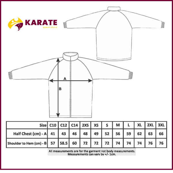 Karate Queensland tracksuit top size chart with front and back garment illustrations. The chart includes half chest (A) and shoulder-to-hem (B) measurements in centimeters, ranging from children's sizes (C10–C14) to adult sizes (2XS–3XL). The Karate Queensland logo appears in the top left. A note at the bottom states that all measurements are for the garment, not the body, and may vary by ±1 cm.